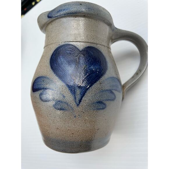 Salt Glazed Stoneware Small Pitcher Creamer Blue Cobalt Heart Country Farmhouse - Picture 2 of 11